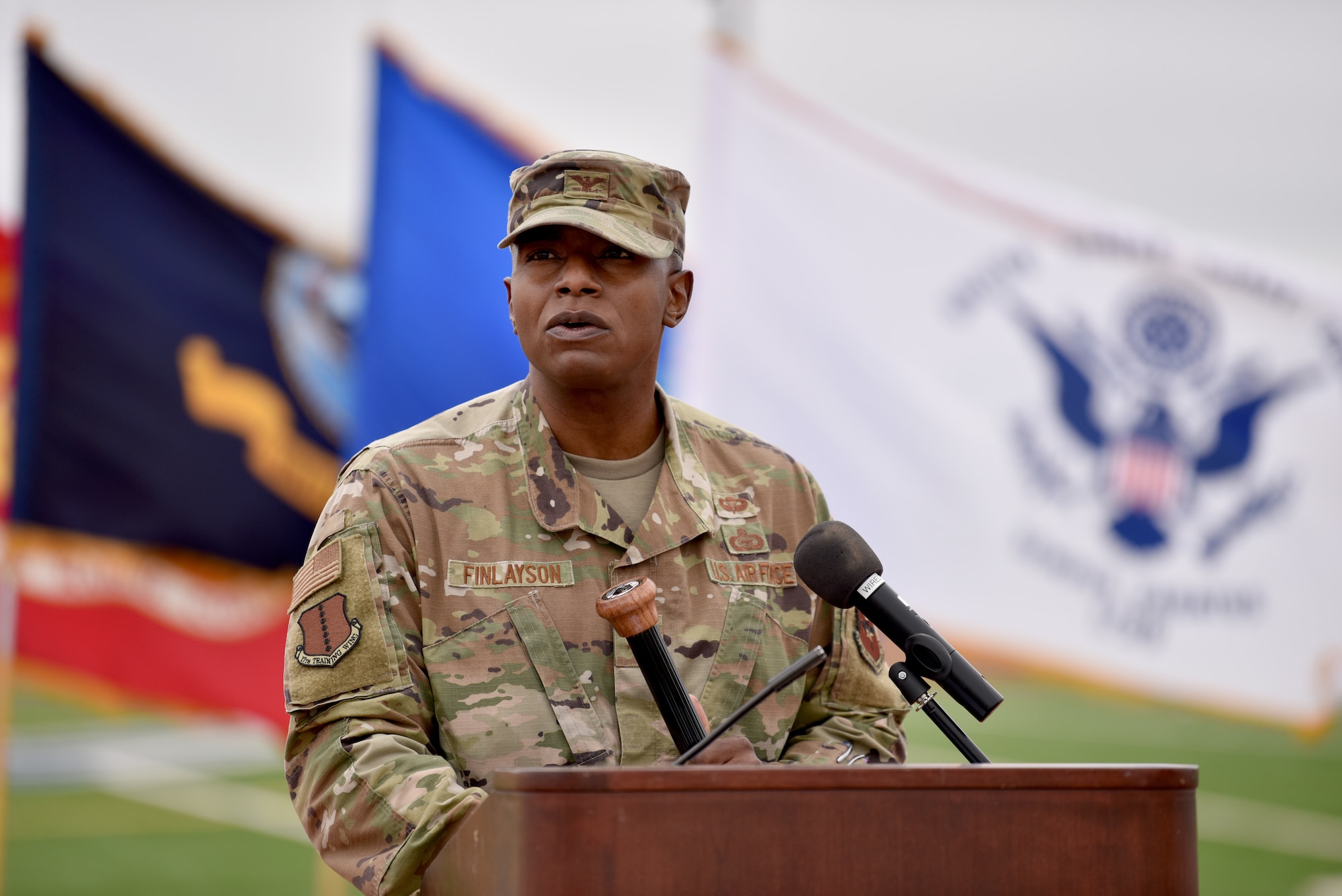 U.S. Air Force Col. James Finlayson, 17th Training Wing vice commander, delivers opening remarks at the Prisoner of War and Missing in Action 24 hour remembrance run on the Mathis Fitness Center track on Goodfellow Air Force Base, Texas, Nov. 13, 2020. Finlayson spoke about the courage that men and women in POW-MIA positions must have and how to learn from them. (U.S. Air Force photo by Staff Sgt. Seraiah Wolf)
