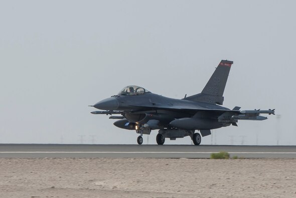 A U.S. Air Force F-16 Fighting Falcon assigned to the 480th Fighter Squadron taxis on the flightline upon arrival at Al Dhafra Air Base, United Arab Emirates, Nov. 12, 2020.
