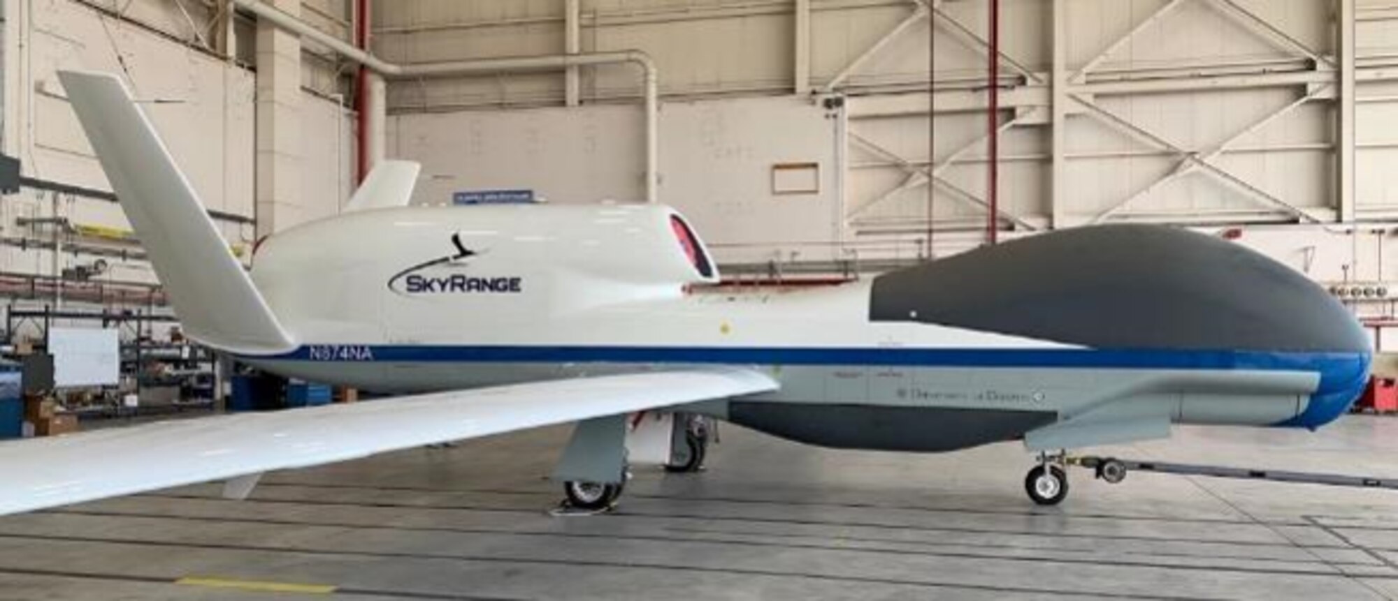 AEDC is developing, with support from the Test Resource Management Center (TRMC), a High Altitude Long Endurance (HALE) Unmanned-Aerial-Vehicle (UAV)-based flight test support capability, called SkyRange, to supplement or replace traditional data collection assets, such as ships that are used for hypersonic flight testing. A modified Global Hawk aircraft, seen here Sept. 4, 2020, is part of the SkyRange project to provide increased flight test capacity, operational flexibility and improved quality data collection.