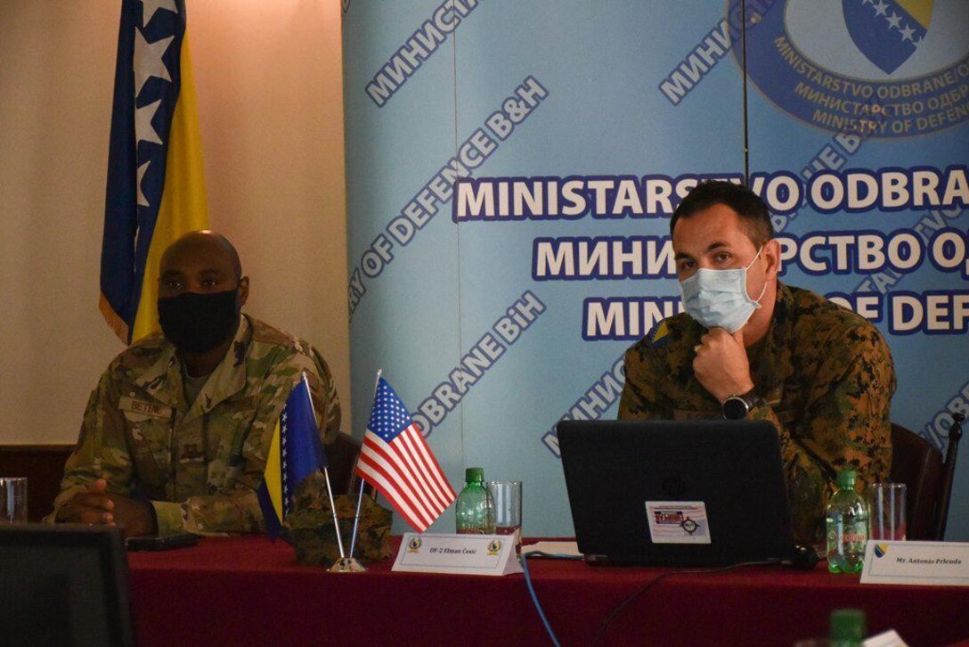 U.S. Air Force Capt. Claude L. Betene A Dooko, left, Assistant Director of Operations with the 435th Contingency Response Support Squadron at Ramstein Air Base, Germany and Armed Forces of Bosnia and Herzegovina Capt. Elman Čosić, right, Public Affairs Officer at the Joint Staff, Armed Forces of Bosnia and Herzegovina, participate in a public affairs planning and advising event in Sarajevo, Bosnia, Nov. 9-13, 2020.