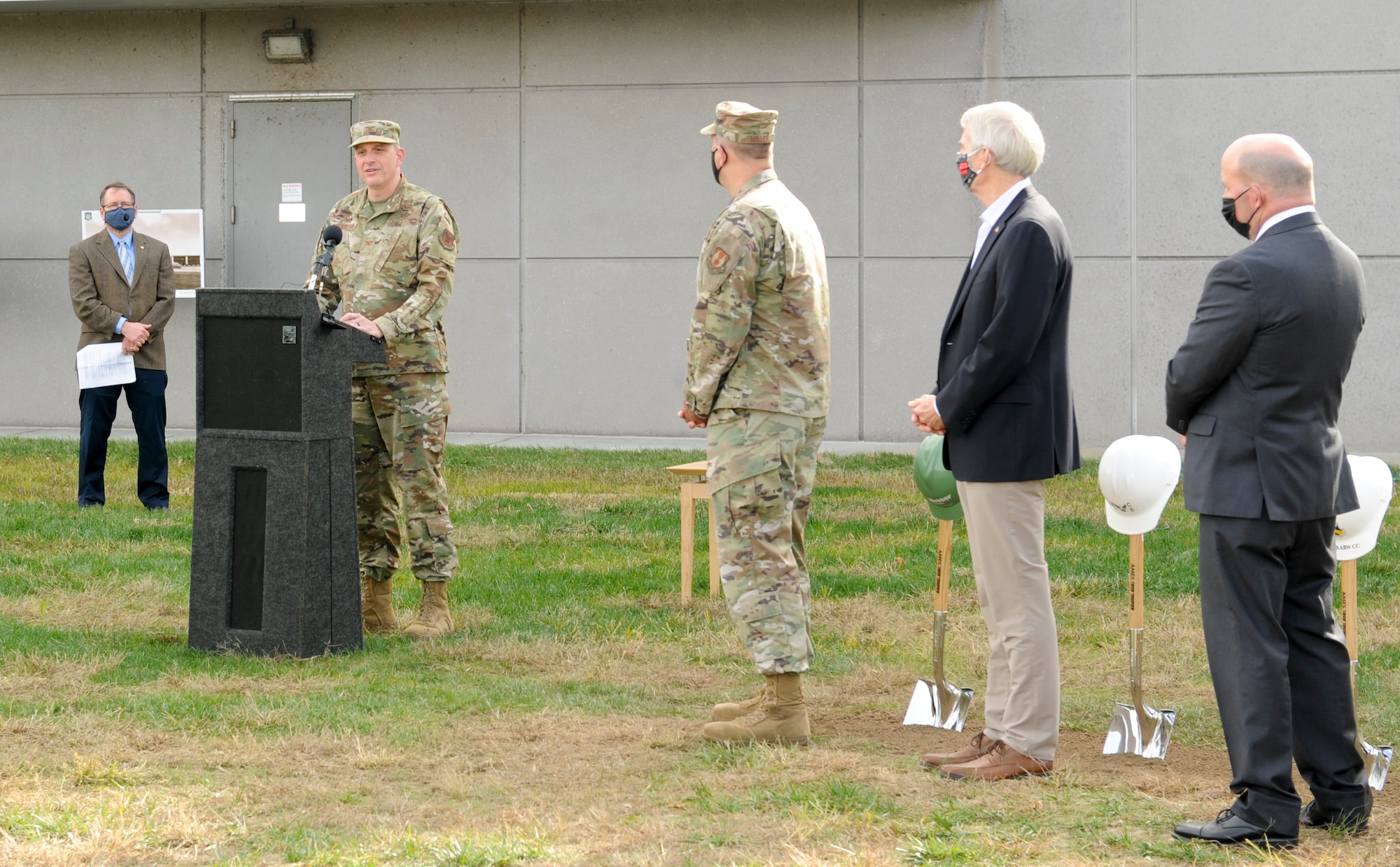 Col. Maurizio Calabrese, the National Air and Space Intelligence Center commander, speaks at the groundbreaking ceremony for the National Air and Space Intelligence Center’s Intelligence Production Complex III at Wright-Patterson Air Force Base, Ohio, Nov. 5, 2020. The IPC III building has increased lab capabilities, collaborative spaces and modern amenities to support the more than 4,000 NASIC military and civilian personnel who discover and characterize air, space, missile and cyber threats to inform national defense policy. (U.S. Air Force photo by Senior Airmen Samuel Earick)