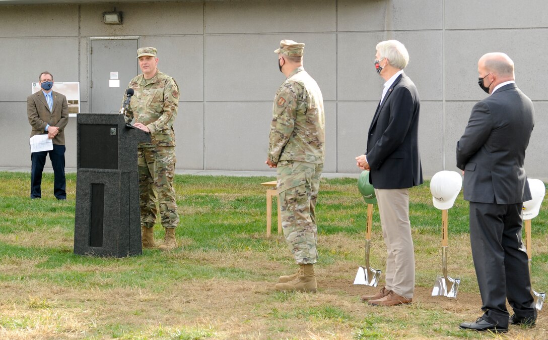 Col. Maurizio Calabrese, the National Air and Space Intelligence Center commander, speaks at the groundbreaking ceremony for the National Air and Space Intelligence Center’s Intelligence Production Complex III at Wright-Patterson Air Force Base, Ohio, Nov. 5, 2020. The IPC III building has increased lab capabilities, collaborative spaces and modern amenities to support the more than 4,000 NASIC military and civilian personnel who discover and characterize air, space, missile and cyber threats to inform national defense policy. (U.S. Air Force photo by Senior Airmen Samuel Earick)