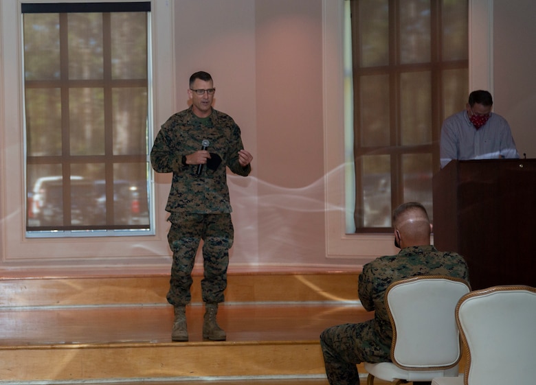 U.S. Marine Corps Maj. Gen. Francis L. Donovan, commanding general, 2nd Marine Division, gives his remarks during the Warfighter Training Symposium at Marston Pavilion on Marine Corps Base Camp Lejeune, North Carolina, Nov. 4, 2020. The symposium provided more than 150 leaders with information on facilities available on MCB Camp Lejeune to Marines for training and provides an opportunity to inquire about range complex capabilities. (U.S. Marine Corps photo by Cpl. Ginnie Lee)