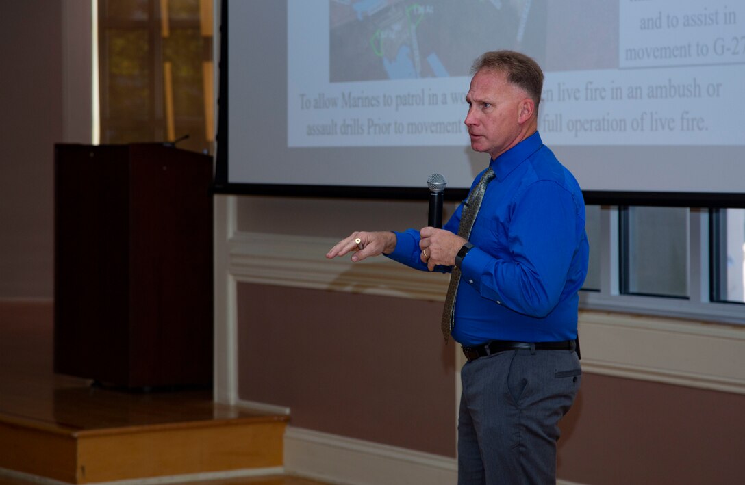 Dale Kruse, the director for range and training area management, Marine Corps Base Camp Lejeune, gives his remarks during the Warfighter Training Symposium at Marston Pavilion on MCB Camp Lejeune, North Carolina, Nov. 4, 2020. The symposium provided more than 150 leaders with information on facilities available on MCB Camp Lejeune to Marines for training and provides an opportunity to inquire about range complex capabilities. (U.S. Marine Corps photo by Cpl. Ginnie Lee)