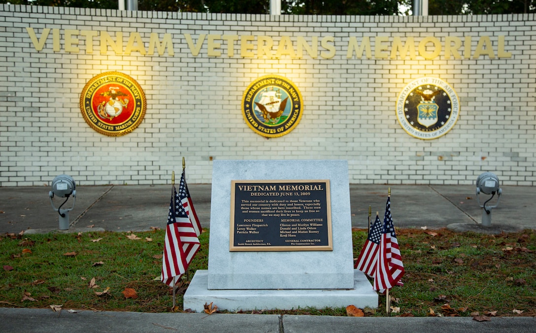 The Vietnam Veterans Memorial stands in honor of those who have served our country in Jacksonville, North Carolina, Nov. 5, 2020. Veterans Day is a time of reflection and an opportunity to give recognition to men and women who have served in the armed services throughout history. “To devote yourself to this country and sacrifice time with your family, and possibly even your life for the love of your country says a lot about service members’ character,” said U.S. Marine Corps Capt. Brenden McDaniel, commanding officer, Bravo Company, Headquarters and Support Battalion, Marine Corps Installations-East, Marine Corps Base Camp Lejeune. “I am proud to be part of an organization that carries so much pride and honor.” (U.S. Marine Corps photo by Cpl. Ginnie Lee)