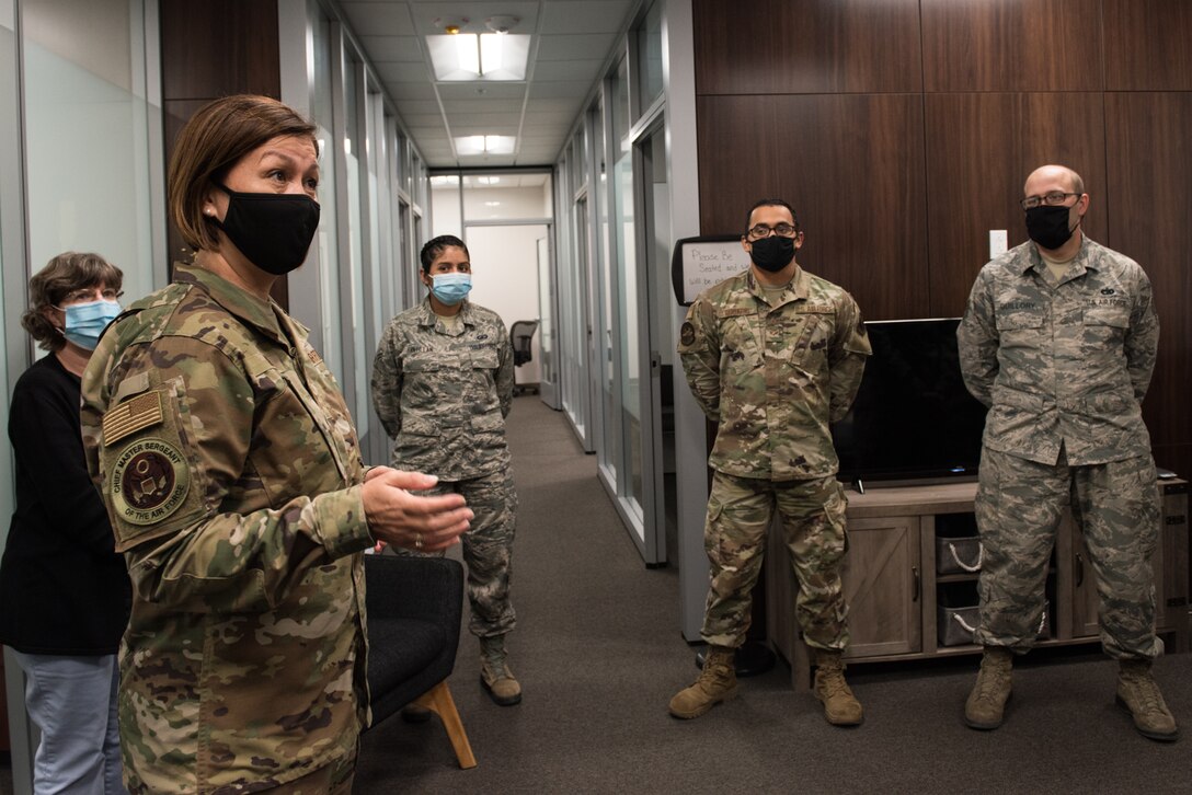 Chief Master Sergeant of the Air Force JoAnne S. Bass, speaks to Airmen at the Silver Plate Center at Whiteman Air Force Base, Missouri, Nov. 9, 2020. The Silver Plate Center offers several resources to Airmen and family in one location, including the welcome center and Airmen & Family Readiness Center. (U.S. Air Force photo by Airman 1st Class Christina Carter)