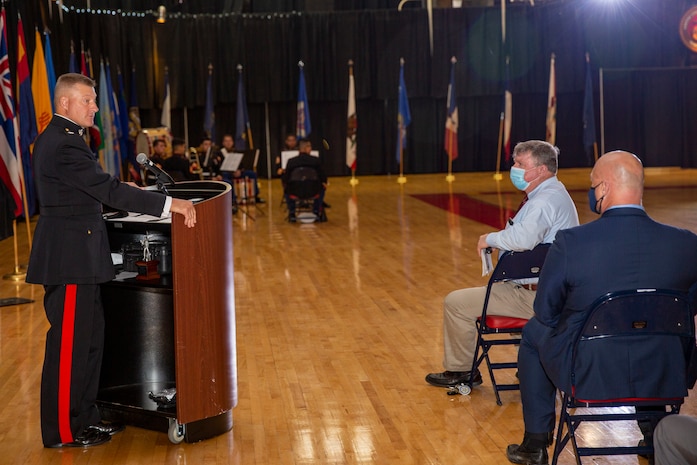 U.S. Marine Corps Maj. Gen. Julian D. Alford, commanding general, Marine Corps Installations East-Marine Corps Base Camp Lejeune, gives a speech during the MCIEAST-MCB Camp Lejeune cake cutting ceremony at the Goettge Memorial Field House on MCB Camp Lejeune, North Carolina, Nov. 10, 2020. Marines with MCIEAST-MCB Camp Lejeune celebrated the 245th Marine Corps birthday by reading the birthday message from Gen. John A. Lejeune, 13th Commandant of the Marine Corps and cutting the traditional birthday cake while adhering to COVID-19 mitigation protocols. (U.S. Marine Corps photo by Lance Cpl. Christian Ayers)