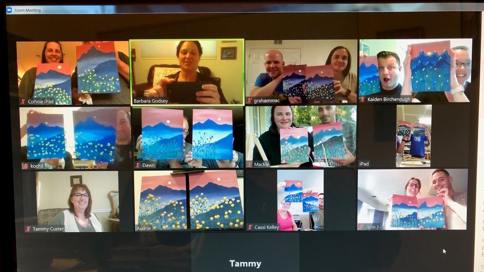 A screenshot of families participating in a virtual adult painting event on Zoom.gov.
