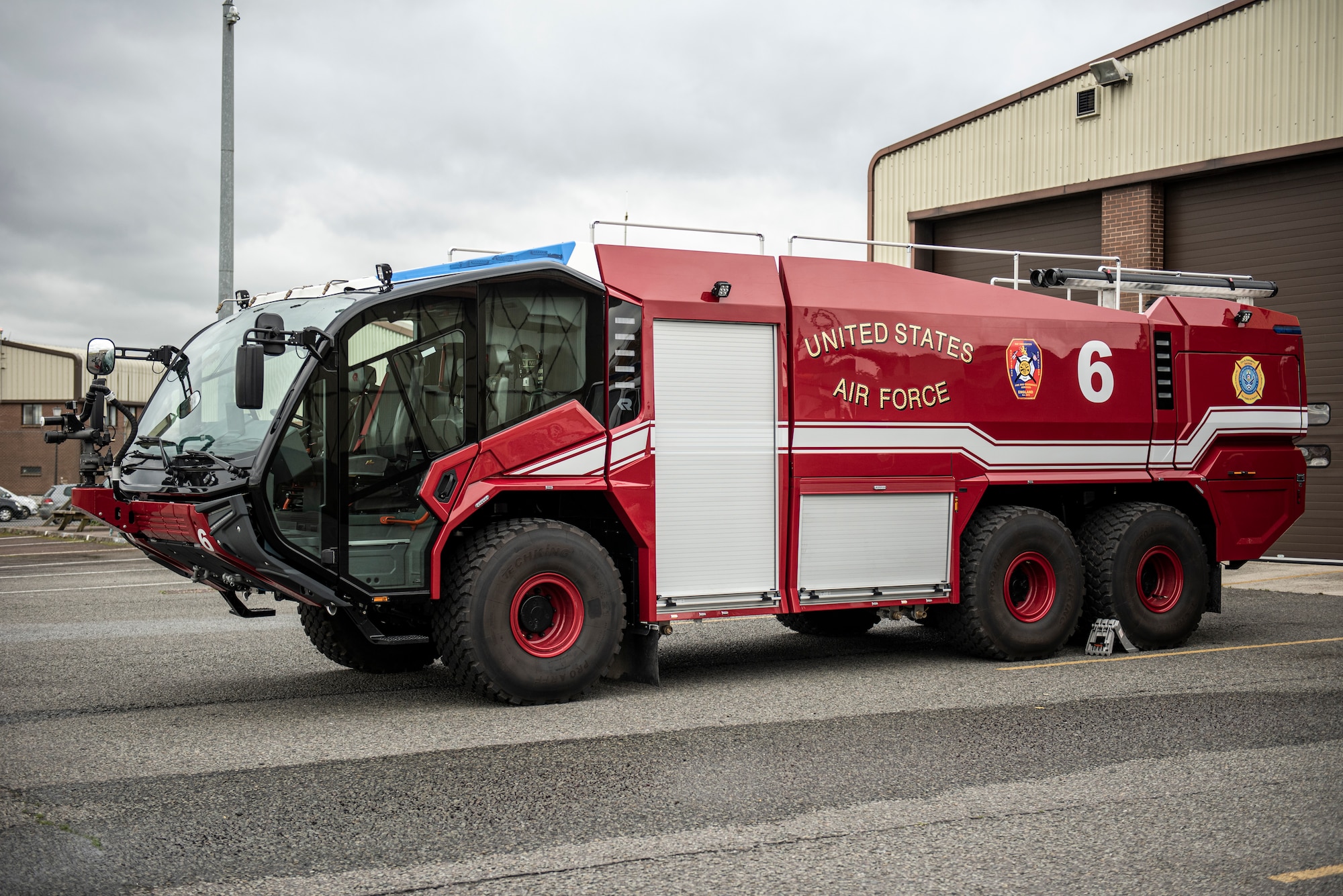 A new Rosenbauer PANTHER belonging to the 422d Fire Emergency Services, rests outside the fire station at RAF Fairford, England, Oct. 23, 2020. The new vehicle more than doubles the amount of time that firefighters can fight an airfield fire before needing resupply. (U.S. Air Force photo by Tech. Sgt. Aaron Thomasson)