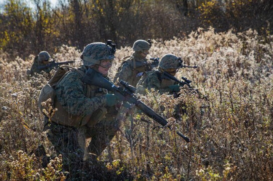 U.S. Marines move through brush during a raid to establish a forward command operations center as part of Marine Expeditionary Force 20.1 on Fort Drum, New York Oct. 31, 2020. Marines with 2nd Marine Logistics Group are participating in MEFEX 21.1, a MEF-level exercise consisting of approximately 1,200 Marines and sailors across the eastern United States. (U.S. Marine Corps photo by Lance Cpl. Scott Jenkins)