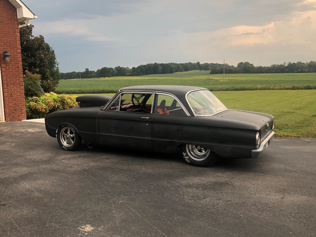This 1961 Ford Falcon is the primary car Daniel Jones uses in drag race competitions. Jones, inside machinist lead at the Arnold Engineering Development Complex Model and Machine Shop at Arnold Air Force Base, Tenn., took up drag racing as a hobby around 25 years ago. The Falcon was the first car he ever bought and has been souped up over the years for drag racing competitions. (Courtesy photo)