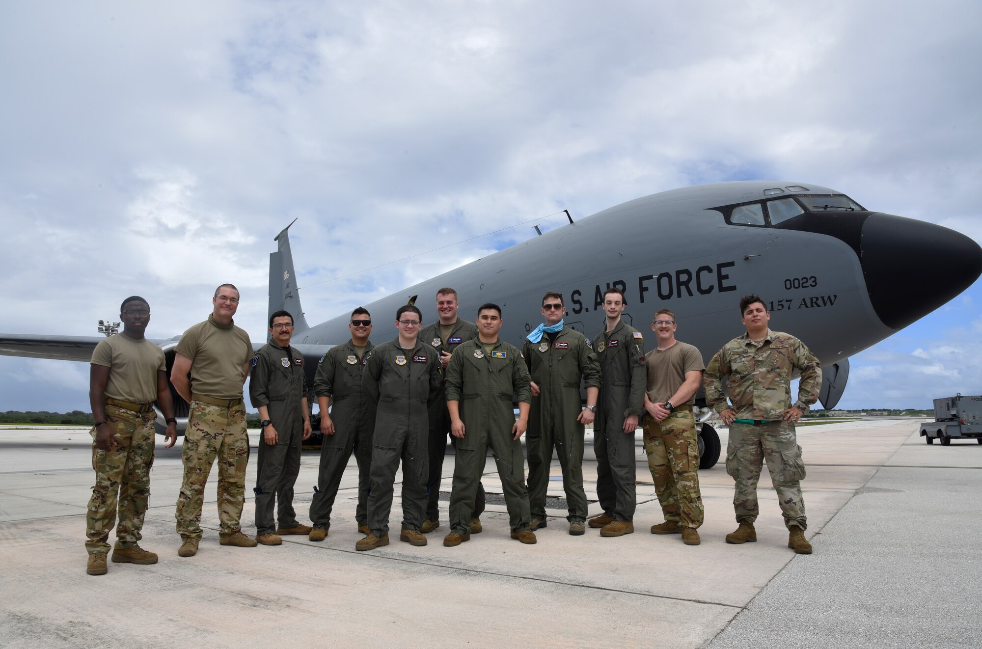 U.S. Air Force Aircrew from Fairchild Air Force Base, Washington, pose for a photo during a humanitarian relief mission at Anderson Air Base, Guam, Nov. 8, 2020. Because of the support provided by Fairchild aircrews, the Air Force has moved water, rations and hazardous materials to continue the Pacific Air Force mission. (U.S. Air Force photo by Staff Sgt. Jesenia Landaverde)
