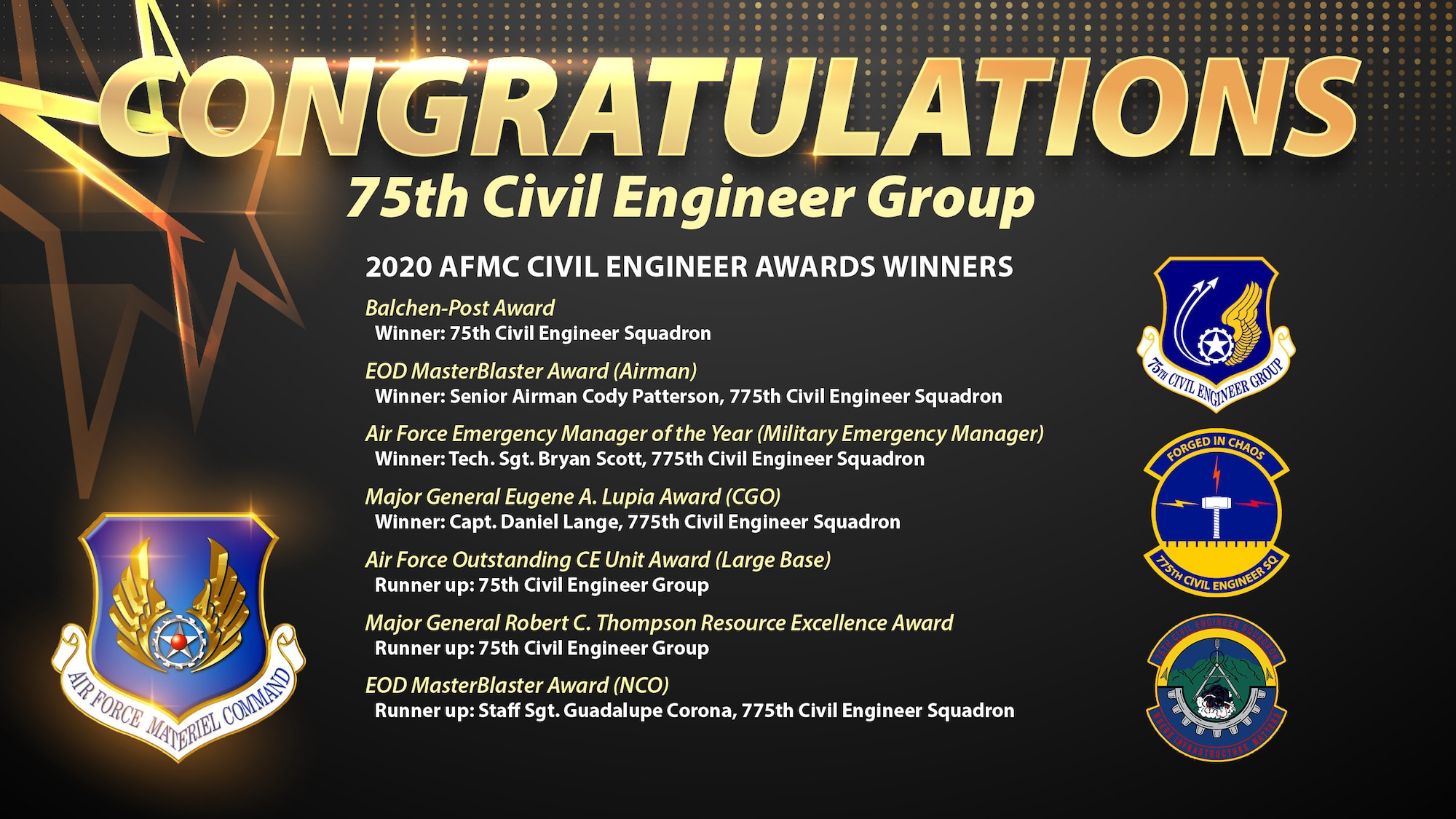 Graphic depicting the 2020 AFMC Civil Engineer Award winners and runners-up.