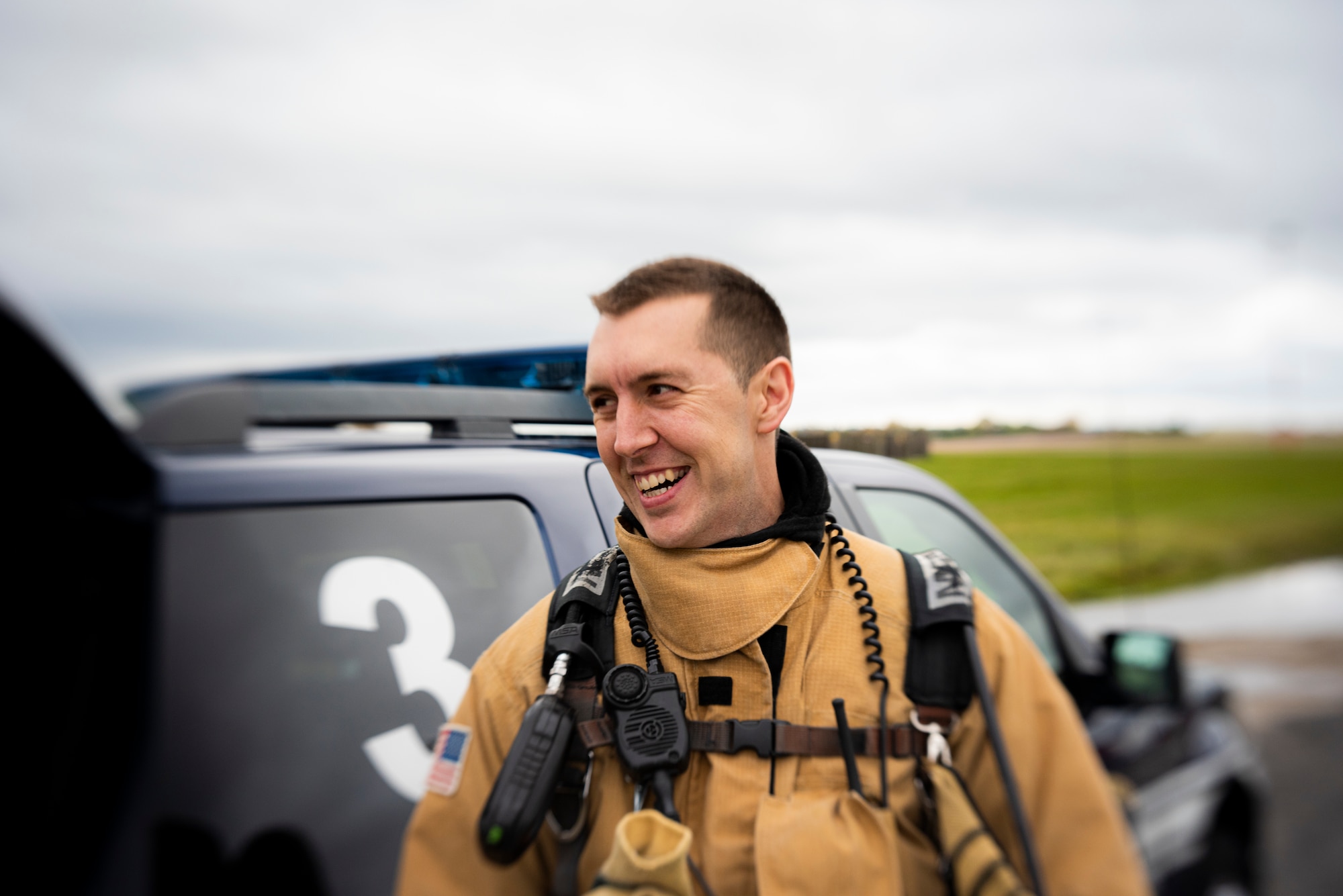 Robert Fisher, 422d Fire Emergency Services firefighter, prepares to conduct firefighting training using the 422d Fire Emergency Services newest vehicle, a Rosenbauer PANTHER at RAF Fairford, England, Oct. 23, 2020. The new vehicle more than doubles the amount of time that firefighters can fight an airfield fire before needing resupply. (U.S. Air Force photo by Tech. Sgt. Aaron Thomasson)