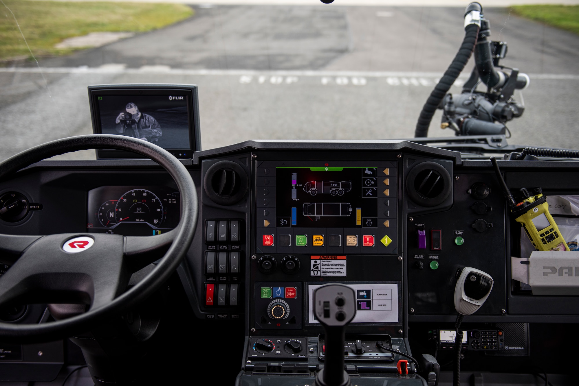 The interior of a Rosenbauer PANTHER belonging to the 422d Fire Emergency Services, displays the turret’s infrared camera functionality at RAF Fairford, England, Oct. 23, 2020. The new vehicle more than doubles the amount of time that firefighters can fight an airfield fire before needing resupply. (U.S. Air Force photo by Tech. Sgt. Aaron Thomasson)