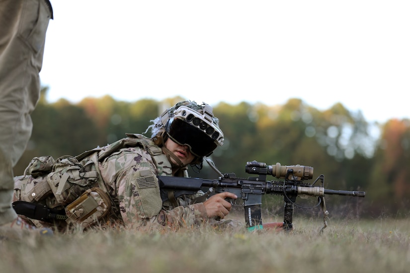 Soldier tests the Capability Set 3 (CS3) militarized form factor prototype of the Army’s Integrated Visual Augmentation System (IVAS) during a life fire test event at its third Soldier Touchpoint (STP 3) at Fort Pickett, Virginia.