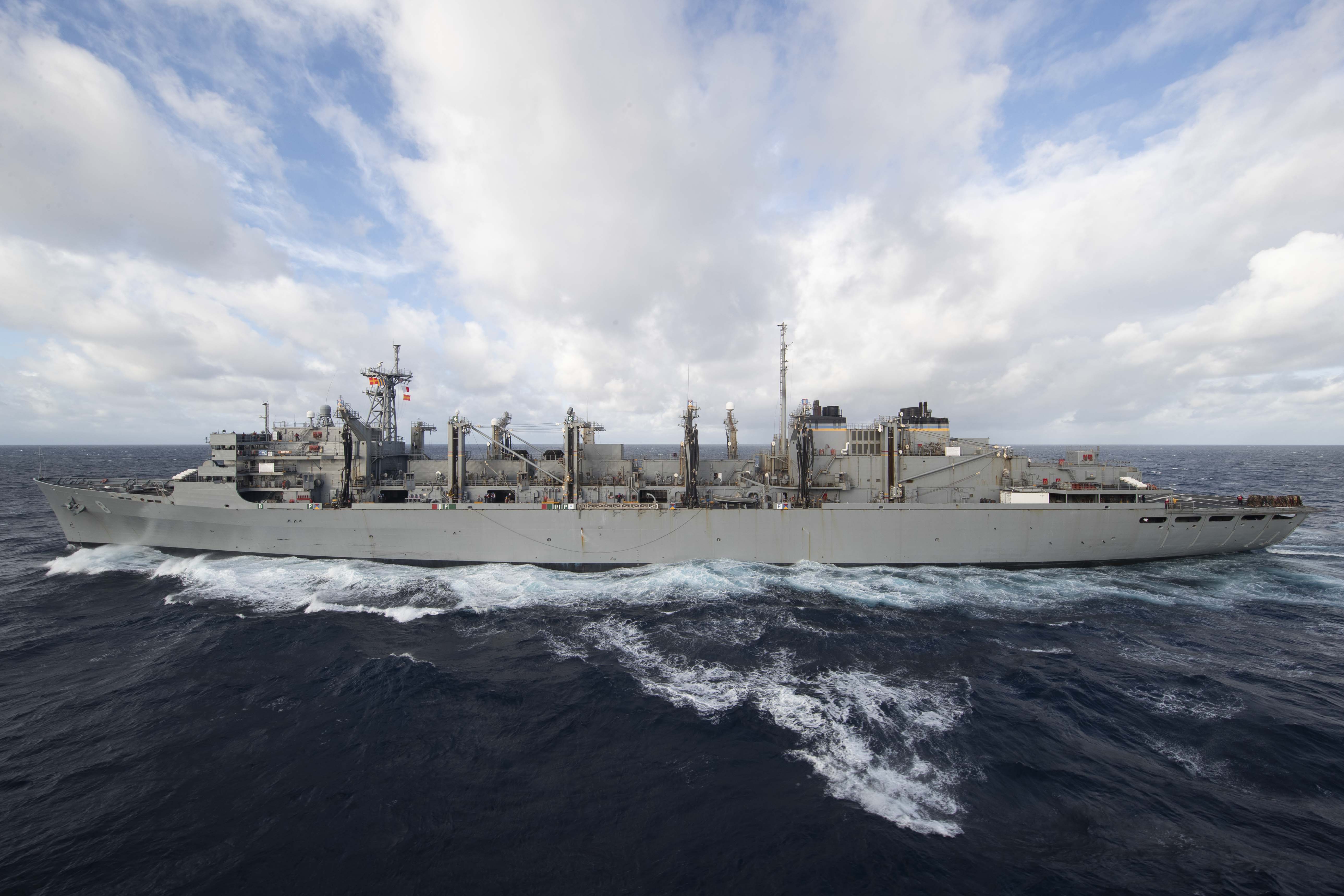 The Military Sealift Command fast combat support ship USNS Arctic (T-AOE 8) pulls alongside the aircraft carrier USS Gerald R. Ford (CVN 78) during a replenishment-at-sea, Nov. 11, 2020.