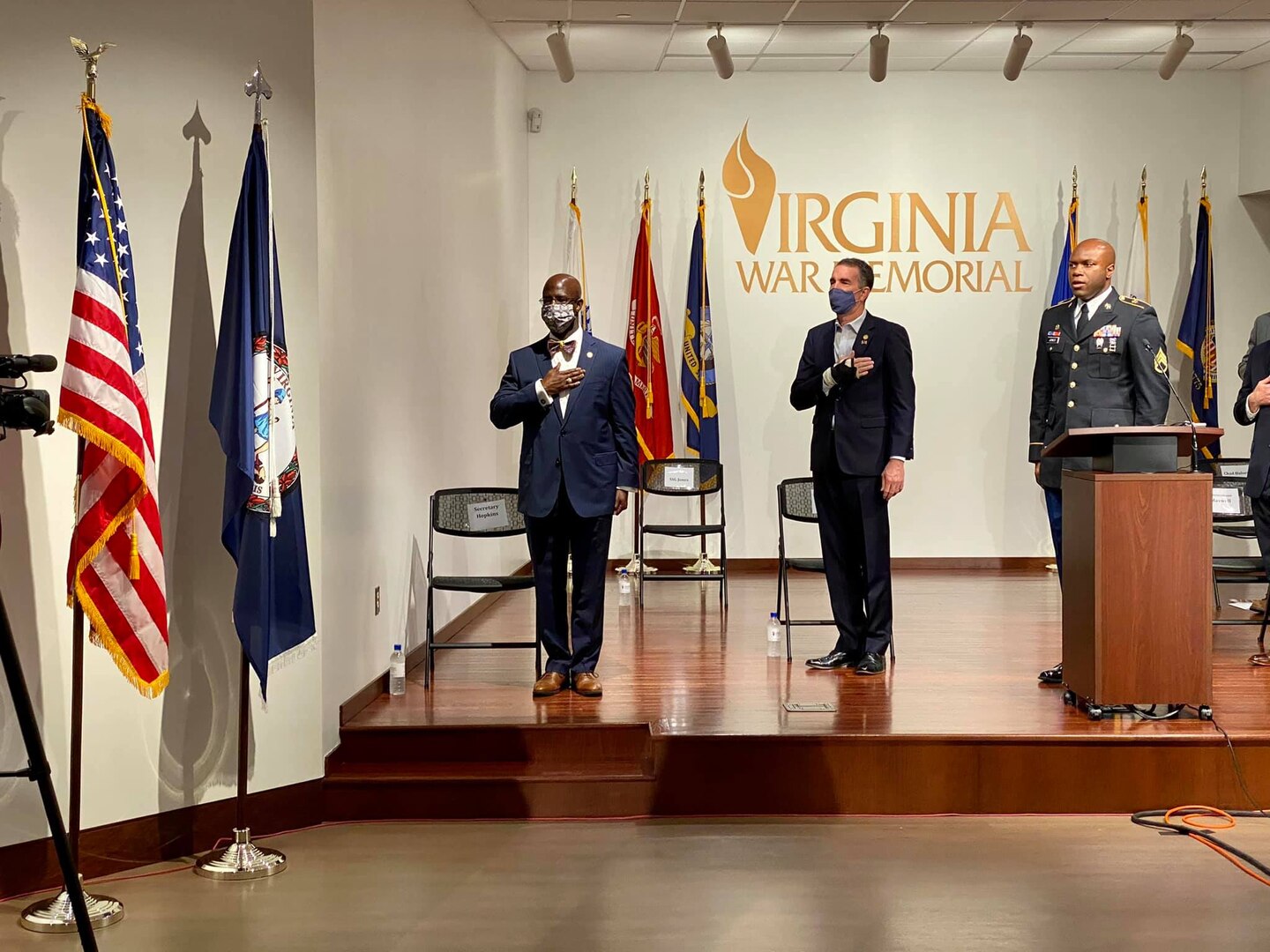 Staff Sgt. Eddie B. Jones leads the Pledge of Allegiance at the 64th annual Commonwealth’s Veterans Day Ceremony Nov. 11, 2020, at the Virginia War Memorial in Richmond, Virginia.