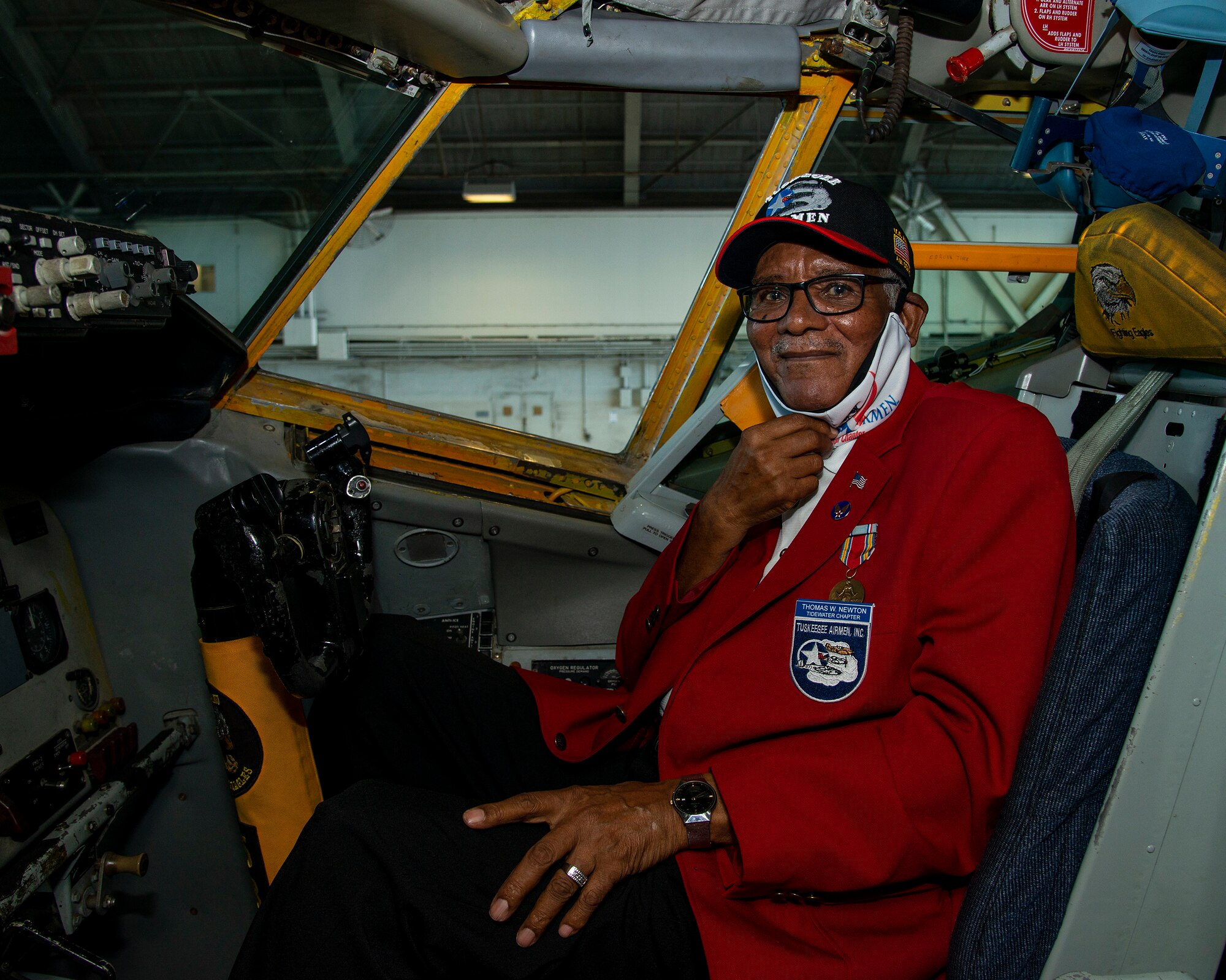 U.S. Army Air Forces Sgt. Thomas Newton, a Documented Original Tuskegee Airman, sits in the co-pilot seat of a KC-135 Stratotanker at MacDill Air Force Base Fla., Nov. 10, 2020.