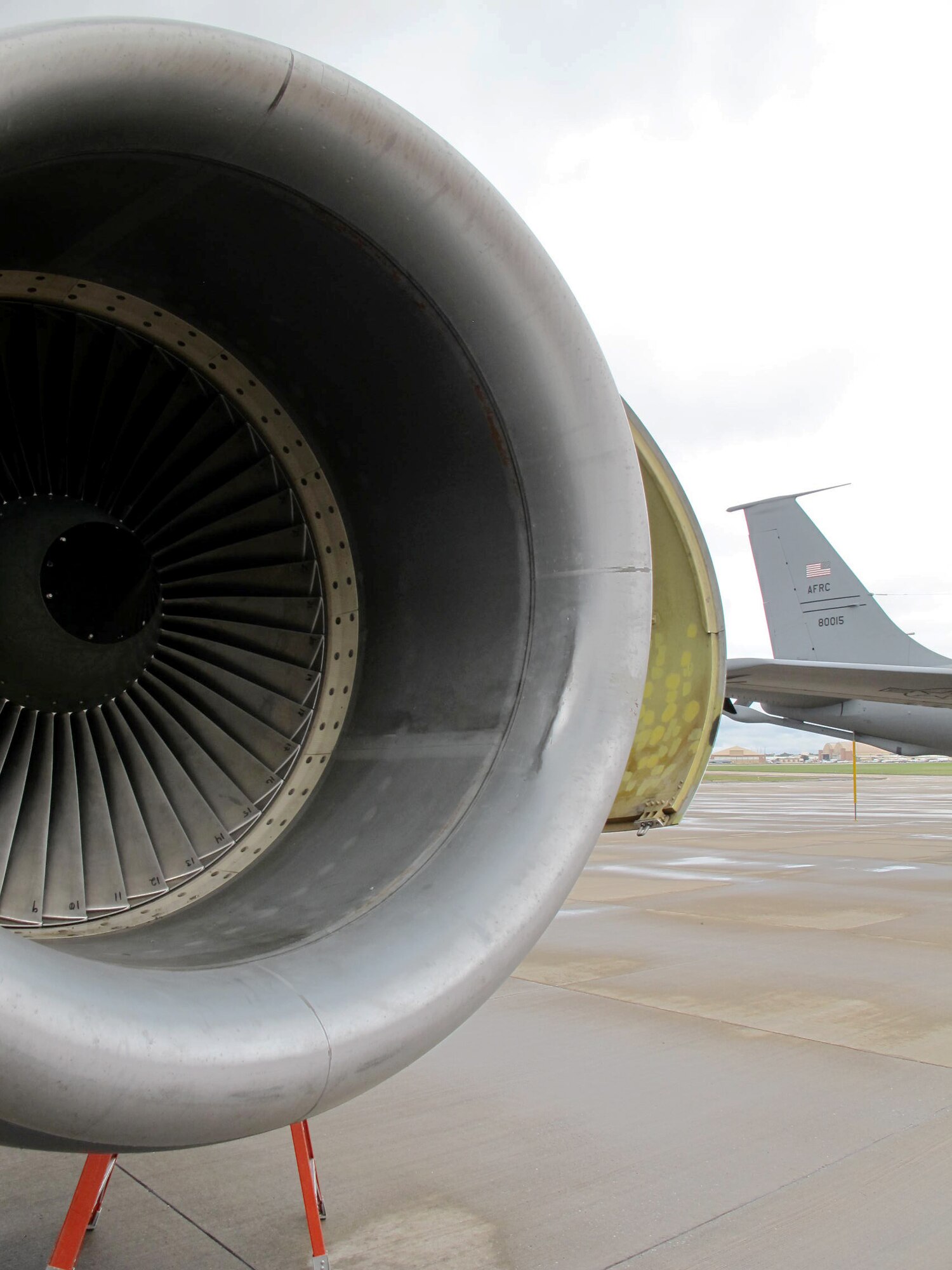 The damage from a bird strike can be seen on the cowling of a KC-135 engine on the 507th Air Refueling Wing flightline at Tinker Air Force Base, Oklahoma, Sept. 22, 2020. (U.S. Air Force photo by Tech. Sgt. Kurt Weisel)