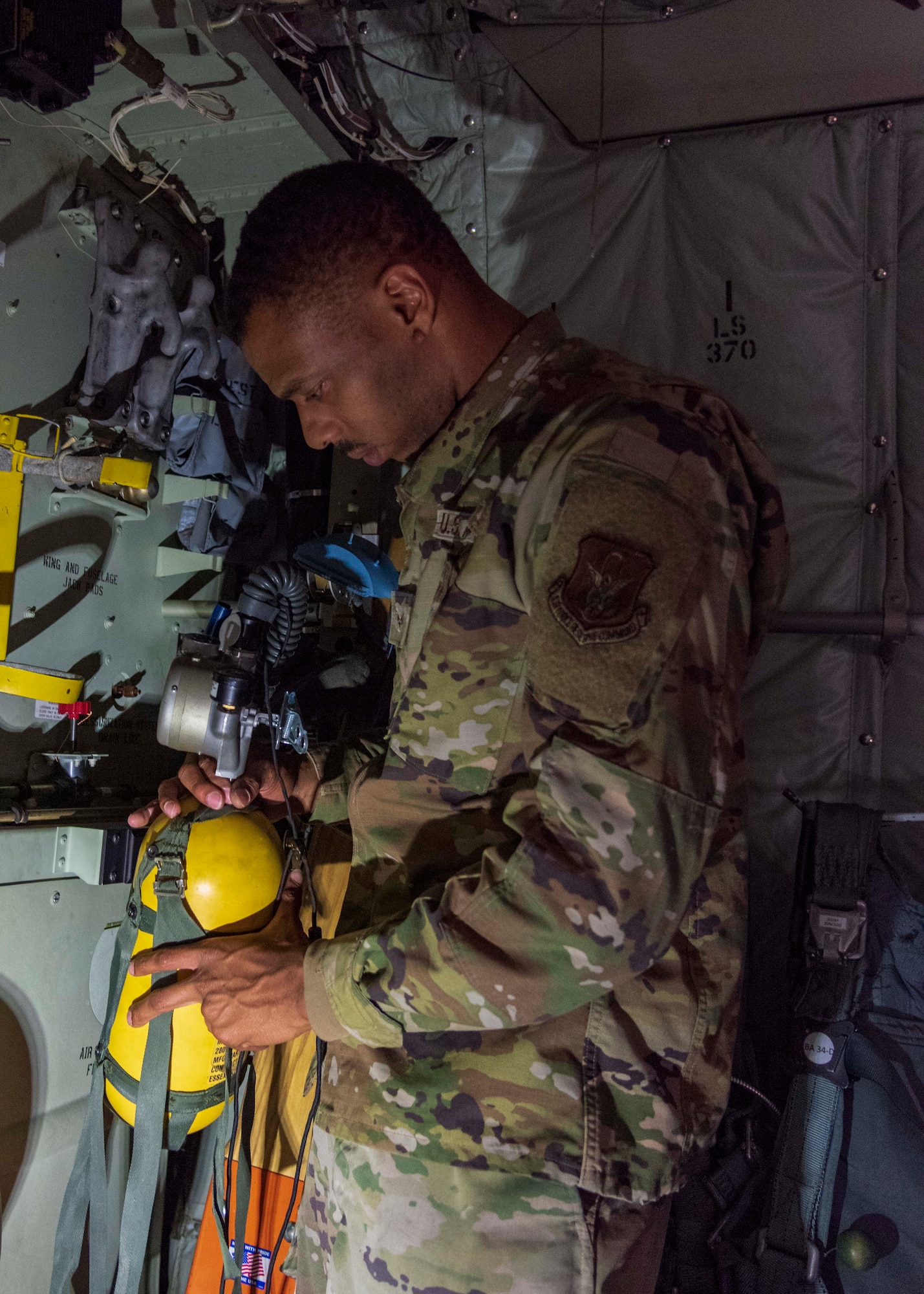Air Force Reserve Senior Amn Edward Hunter, 913th Maintenance crew chief, inspects an oxygen bottle located in the cargo area of a C-130J Super Hercules at Little Rock Air Force Base, Ark., Nov. 4, 2020. Most recently, Hunter volunteered to help the Hurricane Hunters based out of Kessler AFB, Mississippi, to ensure that the aircraft were ready to fly at a moment’s notice carry out the numerous National Oceanic and Atmospheric Administration missions this season.