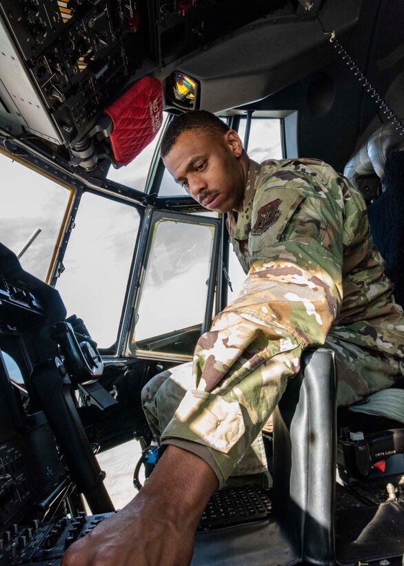 Air Force Reserve Senior Amn Edward Hunter, 913th Maintenance crew chief, inspects various systems and guages while in the cockpit C-130J Super Hercules at Little Rock Air Force Base, Ark., Nov. 4, 2020. Most recently, Hunter volunteered to help the Hurricane Hunters based out of Kessler AFB, Mississippi, to ensure that the aircraft were ready to fly at a moment’s notice carry out the numerous National Oceanic and Atmospheric Administration missions this season.