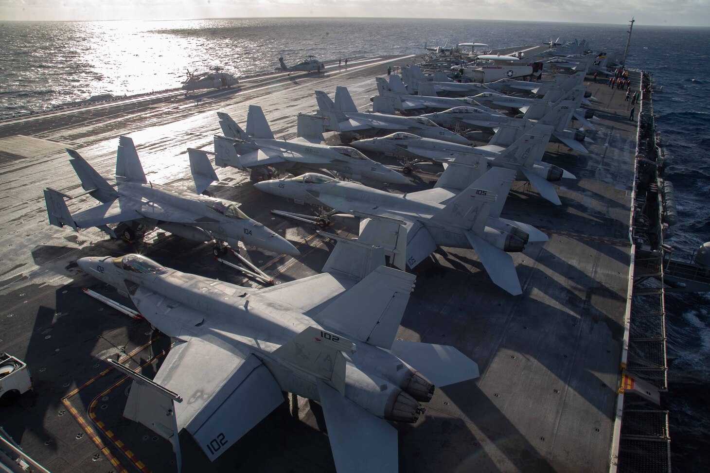 Aircraft attached to Carrier Airwing (CVW) 8 are positioned on flight deck of the aircraft carrier USS Gerald R. Ford (CVN 78), Nov. 11, 2020.