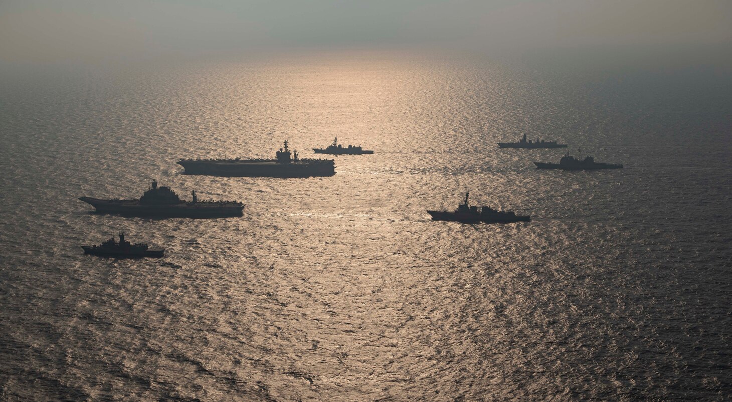 NORTH ARABIAN SEA (Nov. 17, 2020) Ships from the Royal Australian Navy, Indian Navy, Japanese Maritime Self-Defense Force, and the United States Navy participate in Malabar 2020. Malabar 2020 is the latest in a continuing series of exercises that has grown in scope and complexity over the years to address the variety of shared threats to maritime security in the Indo-Asia Pacific where the U.S. Navy has patrolled for more than 70 years promoting regional peace and security. Nimitz Carrier Strike Group is currently deployed to the 7th Fleet area of operations in support of a free and open Indo-Pacific.
