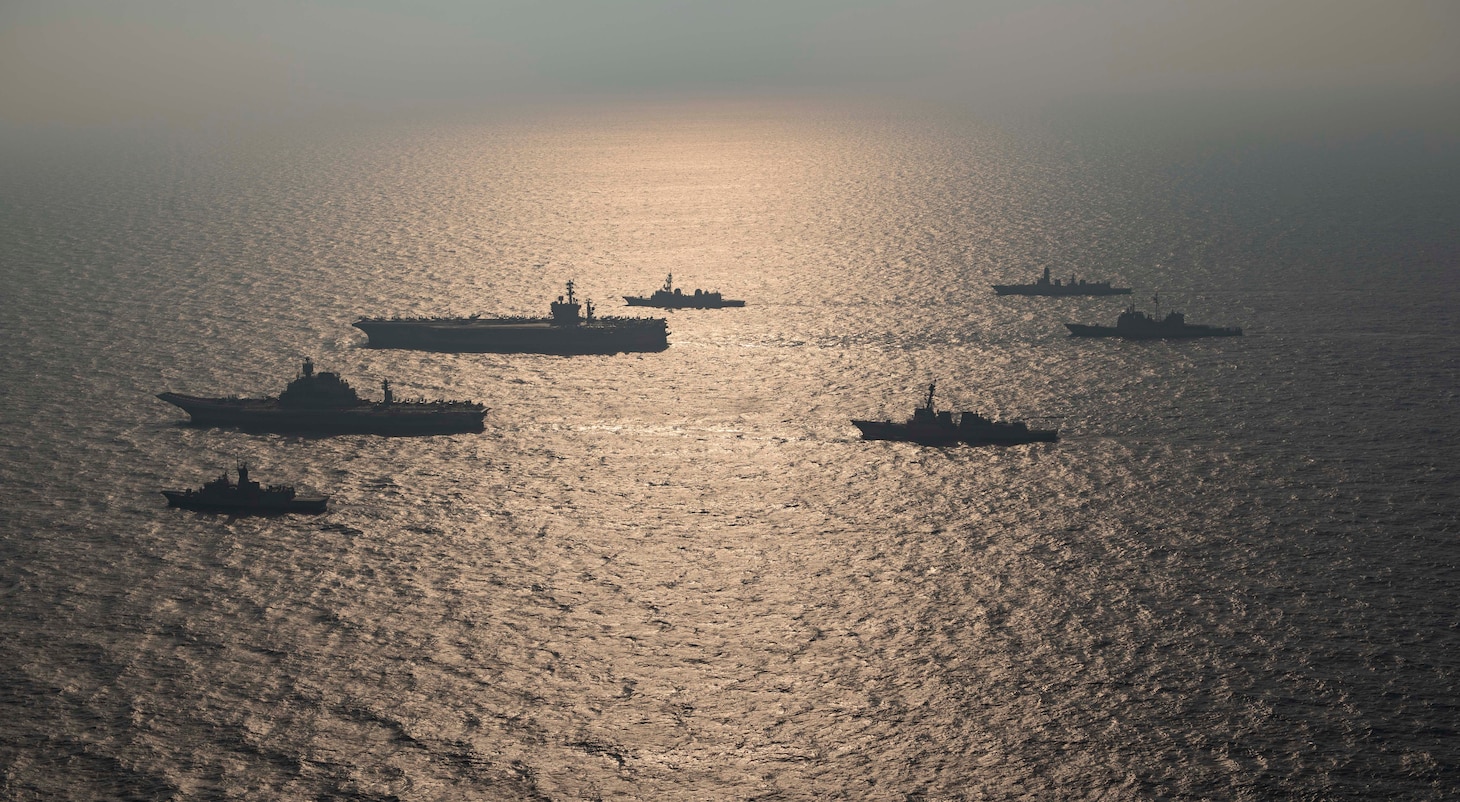 Ships from the Royal Australian Navy, Indian navy, Japan Maritime Self-Defense Force, and the United States Navy participate in Malabar 2020.