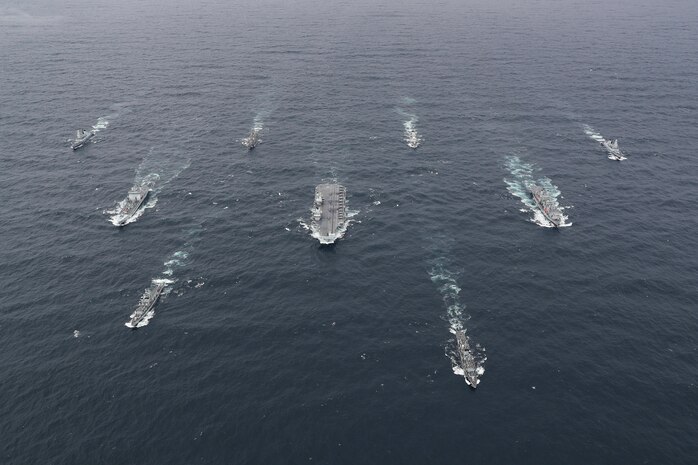 The full United Kingdom Carrier Strike Group assembled at sea on Oct. 4.