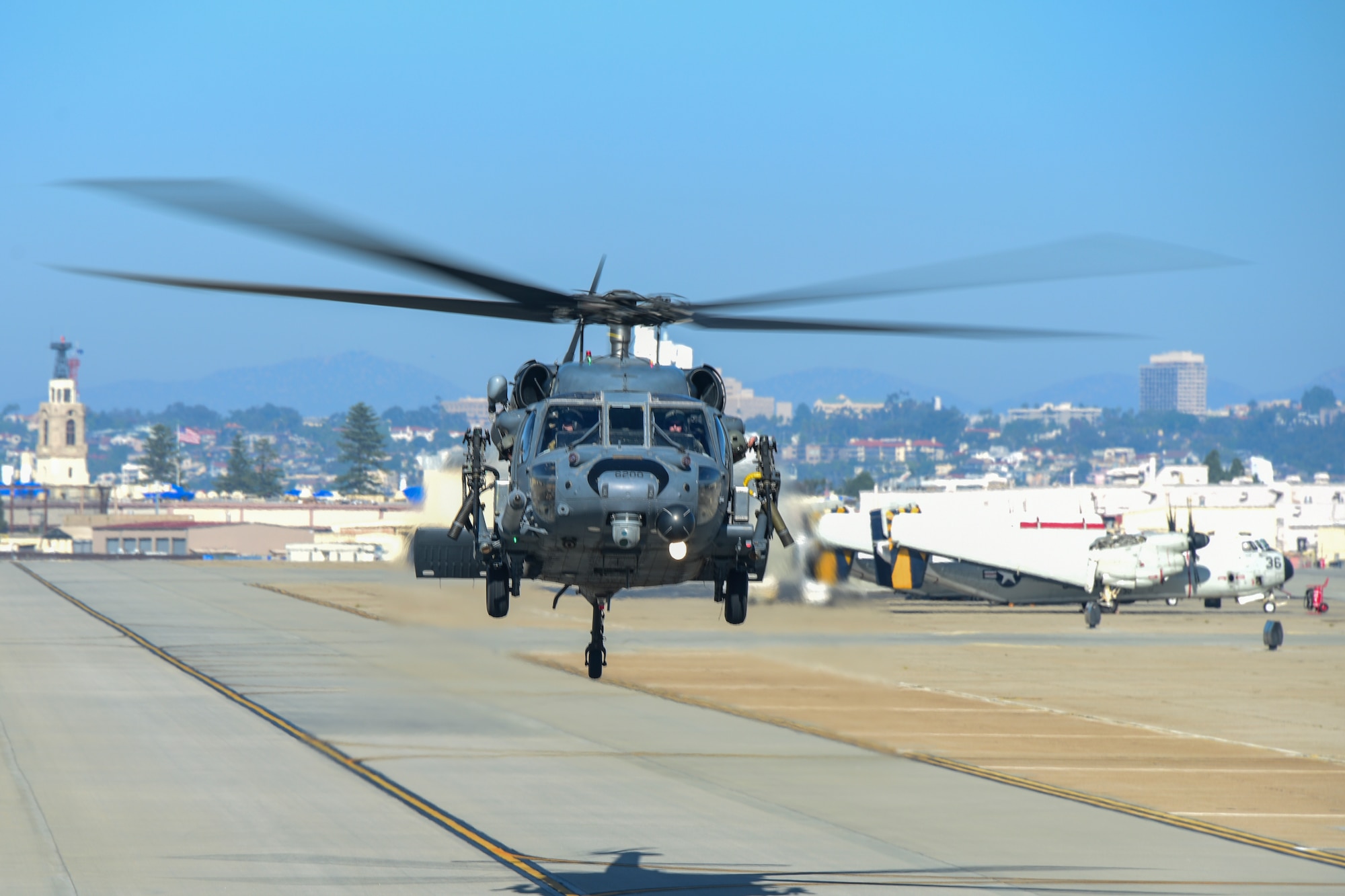 A photo of a helicopter taking off.