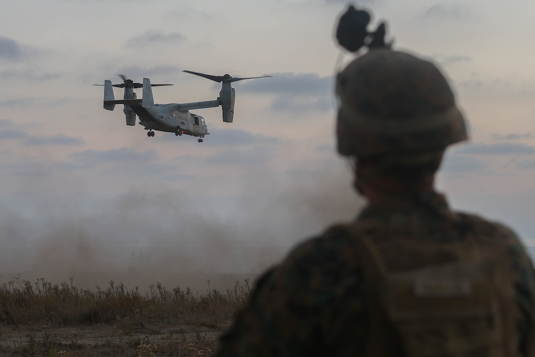 An U.S. Marine Corps MV-22 Osprey prepares for landing during a Marine Corps Combat Readiness Evaluation at Marine Corps Base Camp Pendleton, Calif., Oct. 20.