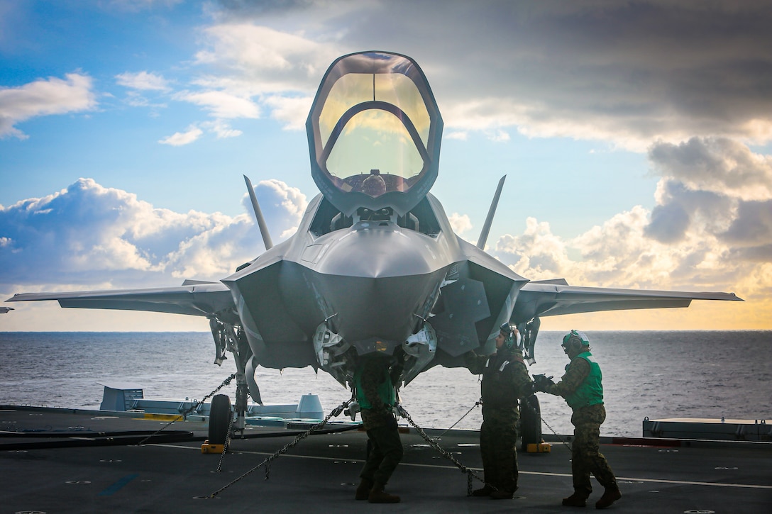 A Marine conducts pre-flight checks on an F-35B Lightning II Joint Strike Fighter aboard HMS Queen Elizabeth in the North Sea on Oct. 10.
