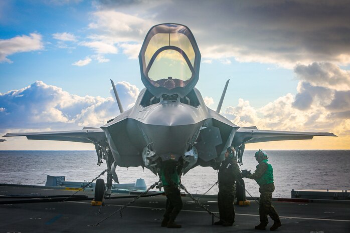 A Marine conducts pre-flight checks on an F-35B Lightning II Joint Strike Fighter aboard HMS Queen Elizabeth in the North Sea on Oct. 10.