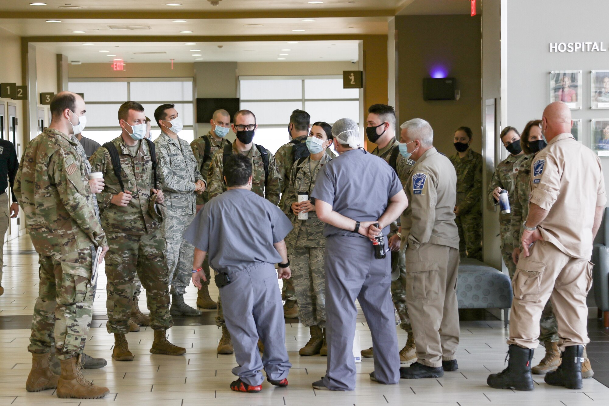 U. S. Air Force medical personnel are welcomed to the Hospitals of Providence Transmountain in El Paso, Texas, Nov. 8, 2020 by departing medical personnel of the National Disaster Medical System. U.S. Northern Command, through U.S. Army North, remains committed to providing flexible Department of Defense support to the Federal Emergency Management Agency in support of the whole-of-nation COVID-19 response. (U.S. Army photo by Sgt. Samantha Hall)