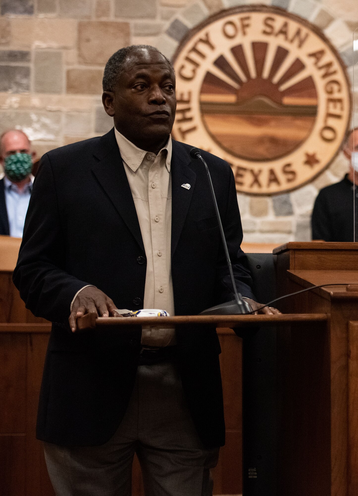 (Ret.) Lt. Gen. Ronnie Hawkins, Angelo State University President, speaks on ASU’s ongoing COVID-19 preventative measures at the McNease Convention Center in San Angelo, Texas, Nov. 13, 2020. ASU has maximized online teaching for the semester and limited large gatherings. (U.S. Air Force photo by Senior Airman Deven Schultz)
