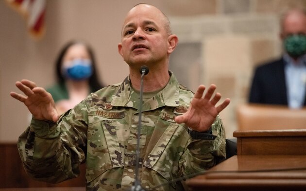 U.S. Air Force Col. Andres Nazario, 17th Training Wing commander, speaks to local media regarding Goodfellow Air Force Base’s plans for dealing with COVID at the McNease Convention Center in San Angelo, Texas, Nov. 13, 2020. Nazario reminded the group how Goodfellow has adapted to COVID-19 and to stay safe by following the Centers for Disease Control and Prevention guidelines. (U.S. Air Force photo by Senior Airman Deven Schultz)