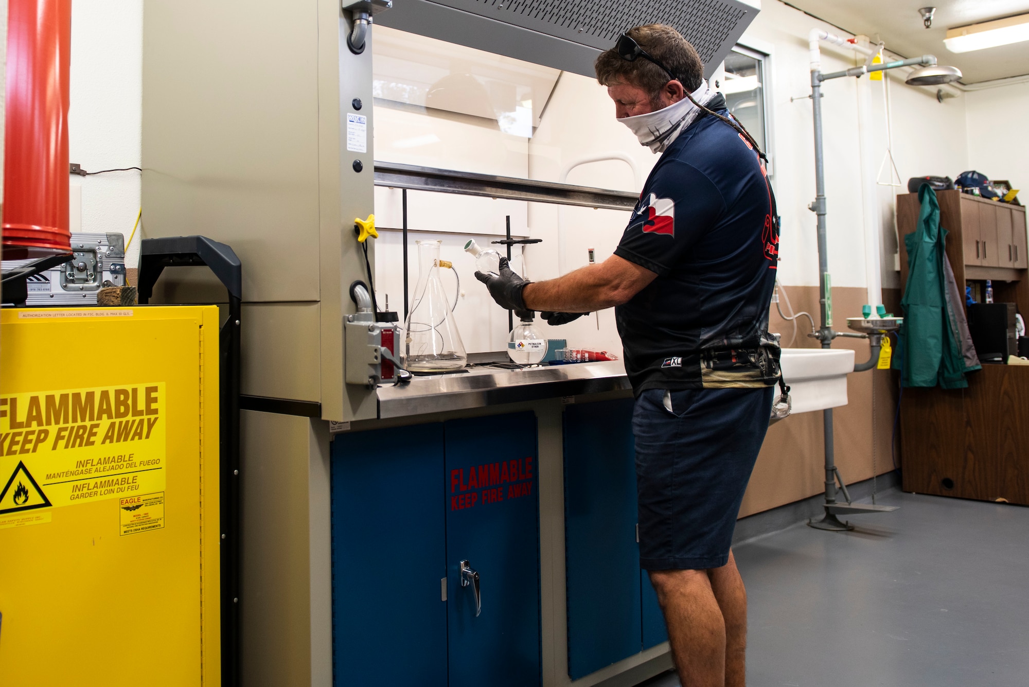 Chris Ansisk, 47th Logistics Readiness Flight fuel lab technician, tests fuel to ensure that it is clean and doesn’t have dangerous amounts of residue on Nov. 9, 2020, Laughlin Air Force Base, Texas. All batches of fuel must be tested to ensure that it is up to standards and safe to use. (U.S. Air Force photo by Airman 1st Class David Phaff)