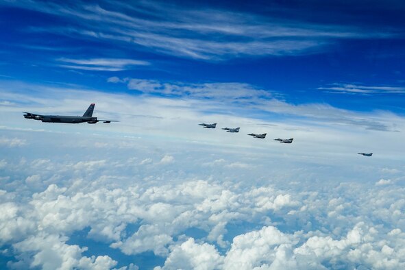 A B-52H Stratofortress from Barksdale Air Force Base, La., trains with Colombian Air Force KFIR fighter jets during the Colombian lead exercise Brother’s Shield over Colombian airspace, Nov. 8, 2020.