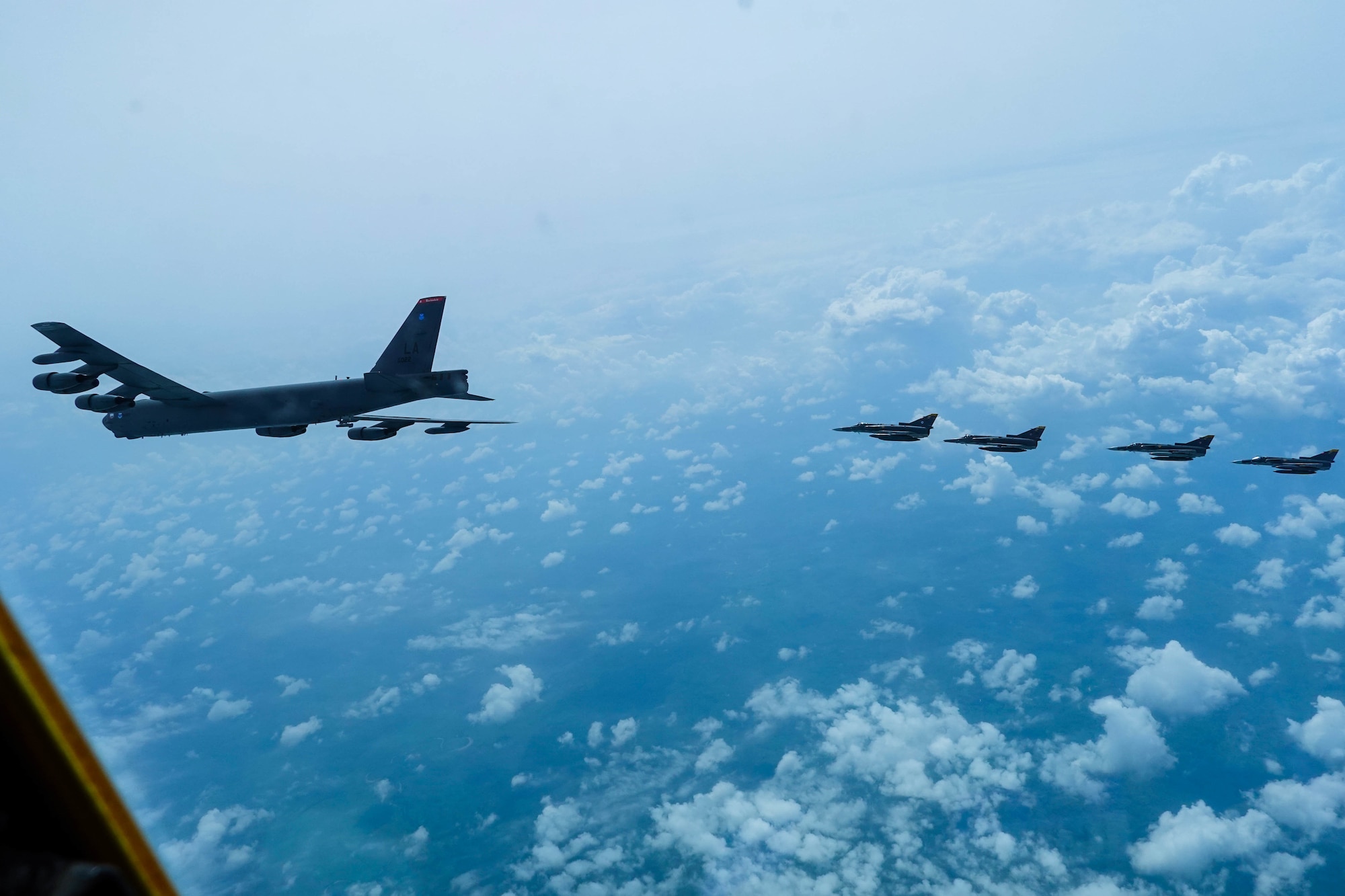 A B-52H Stratofortress from Barksdale Air Force Base, La., trains with Colombian Air Force KFIR fighter jets during the Colombian lead exercise Brother’s Shield over Colombian airspace, Nov. 8, 2020.