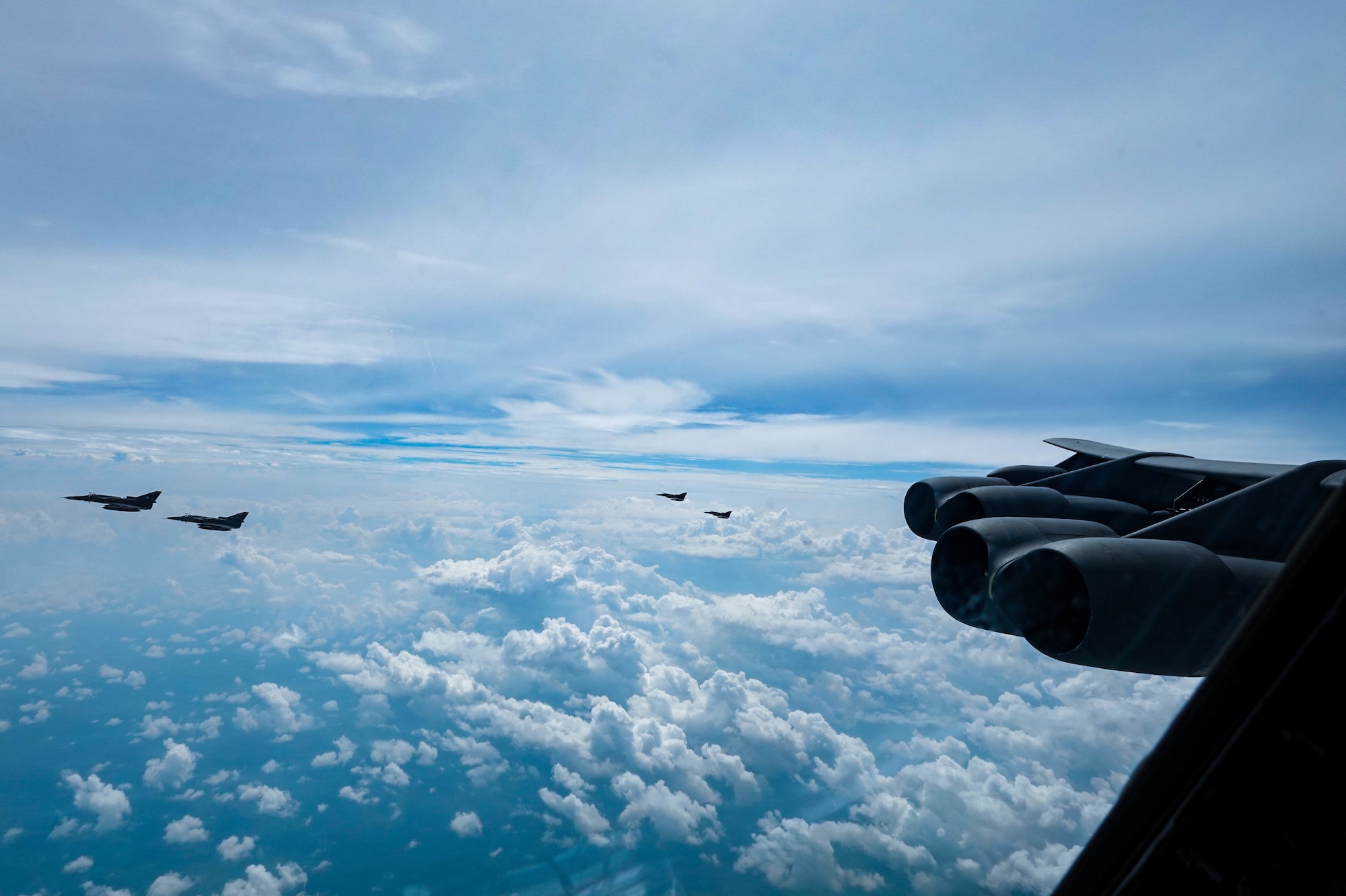 A B-52H Stratofortress from Barksdale Air Force Base, La., trains with Colombian Air Force KFIR fighter jets during the Colombian lead exercise Brother’s Shield over Colombian airspace, Nov. 8, 2020.