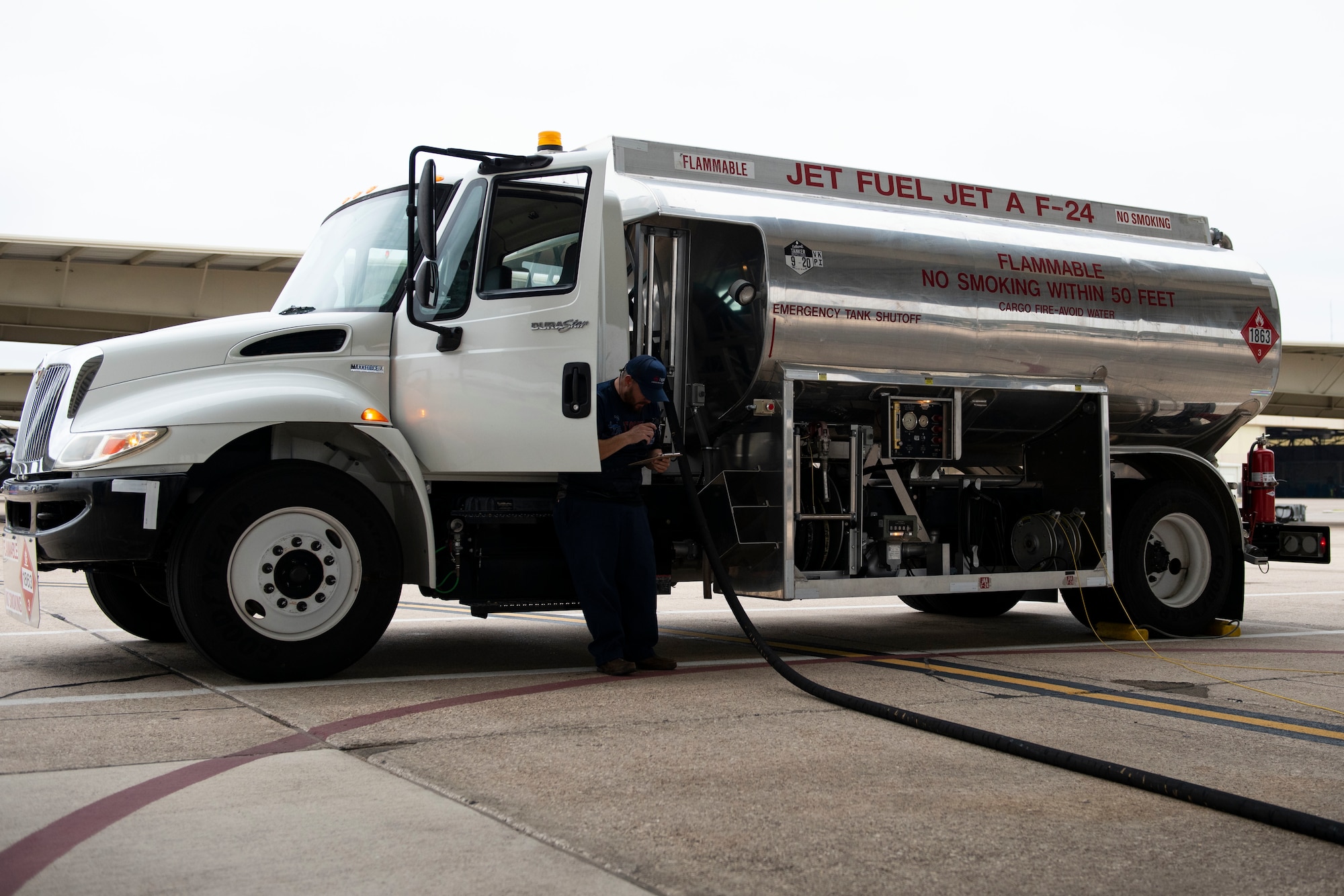 Rudy Losoya, 47th Logistics Readiness Flight aircraft services, operates a 3K commercial refueler on the flight line, on Nov. 9, 2020, Laughlin Air Force Base, Texas. This vehicle saves up to a minute on the fueling process per plane. (U.S. Air Force photo by Airman 1st Class David Phaff)