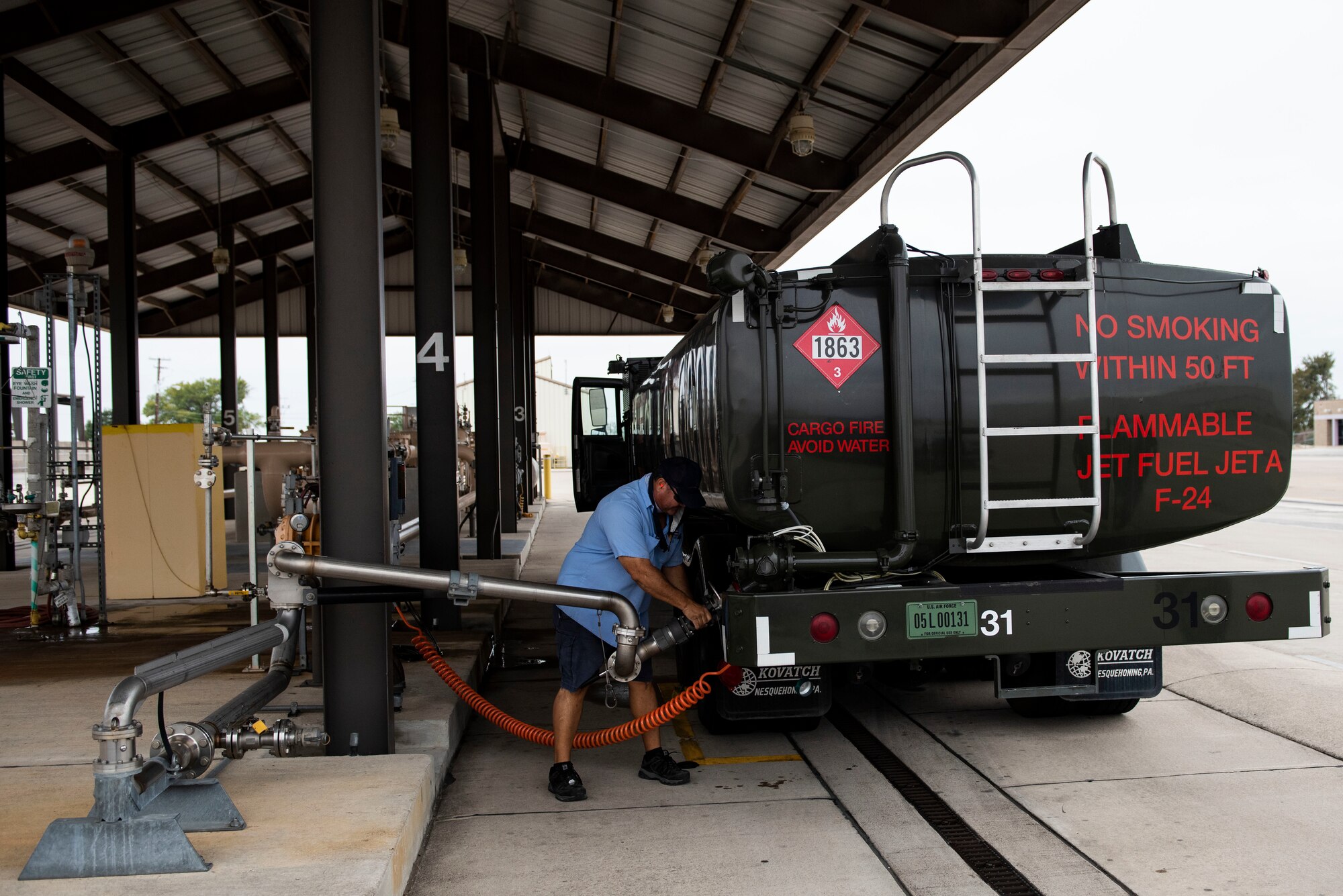 An R-11 refueler truck is fueled before it takes its place out on the flight line on Nov. 9, 2020, Laughlin Air Force Base, Texas. The R-11 can refuel 60 T-6A Texan II before needing to be refueled. (U.S. Air Force photo by Airman 1st Class David Phaff