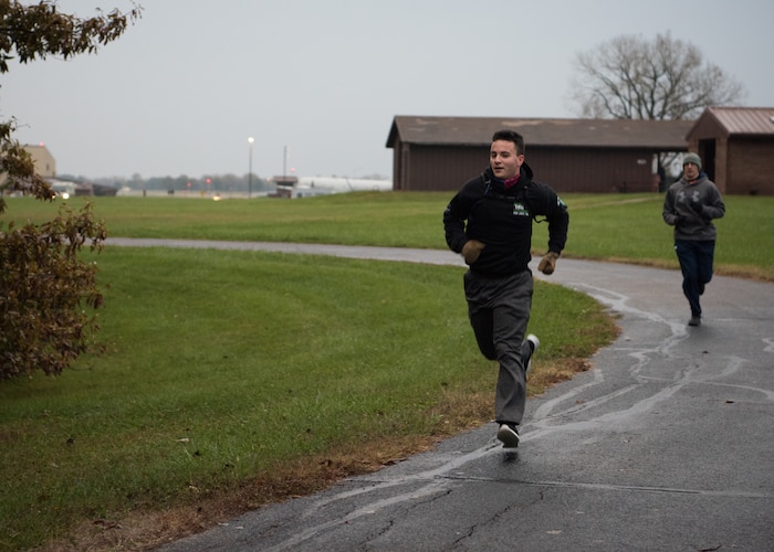 Airman 1st Class DeVan Halstead, 509th Bomb Wing public affairs specialist, runs in a SAPR 5K.