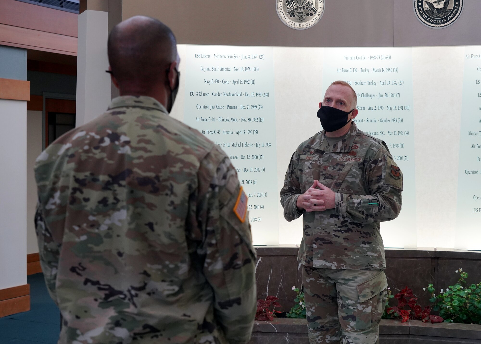 Col. Brian Eddy, Air Force Mortuary Affairs Operations commander, welcomes leadership from the U.S. Army Office of the Deputy Chief of Staff for Personnel and the Chaplain Corps, Nov. 13, 2020, Dover Air Force Base, Delaware. The Army Office of the Deputy Chief of Staff for Personnel is a parent organization to the Joint Personal Effects Depot, a hand-in-hand mission partner to AFMAO. (U.S. Air Force photo by Staff Sgt. Benjamin N. Valmoja)