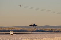An F-35A Lightning II, assigned to the 356th Fighter Squadron, takes off during Arctic Gold 21-1 on Eielson Air Force Base, Alaska, Nov. 17, 2020. The F-35As at Eielson are strategically placed in Alaska to support the Pacific Theater and deter near-peer adversaries. (U.S. Air Force photo by Senior Airman Beaux Hebert)