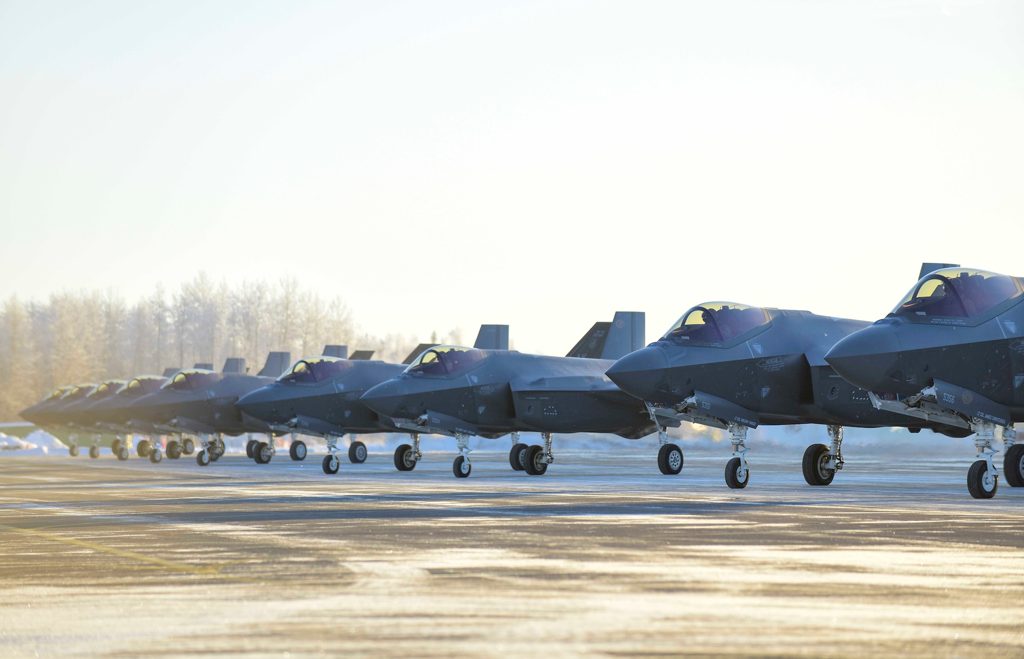 F-35A Lightning IIs assigned to the 354th Fighter Wing form up prior to take off at Eielson Air Force Base, Alaska, Nov. 17, 2020. Alaska is one of the most strategic locations in the world and will be home to the highest concentration of fifth generation aircraft in the Department of Defense. (U.S. Air Force photo by Senior Airman Keith Holcomb)