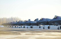 F-35A Lightning IIs assigned to the 354th Fighter Wing form up prior to take off at Eielson Air Force Base, Alaska, Nov. 17, 2020. Alaska is one of the most strategic locations in the world and will be home to the highest concentration of fifth generation aircraft in the Department of Defense. (U.S. Air Force photo by Senior Airman Keith Holcomb)
