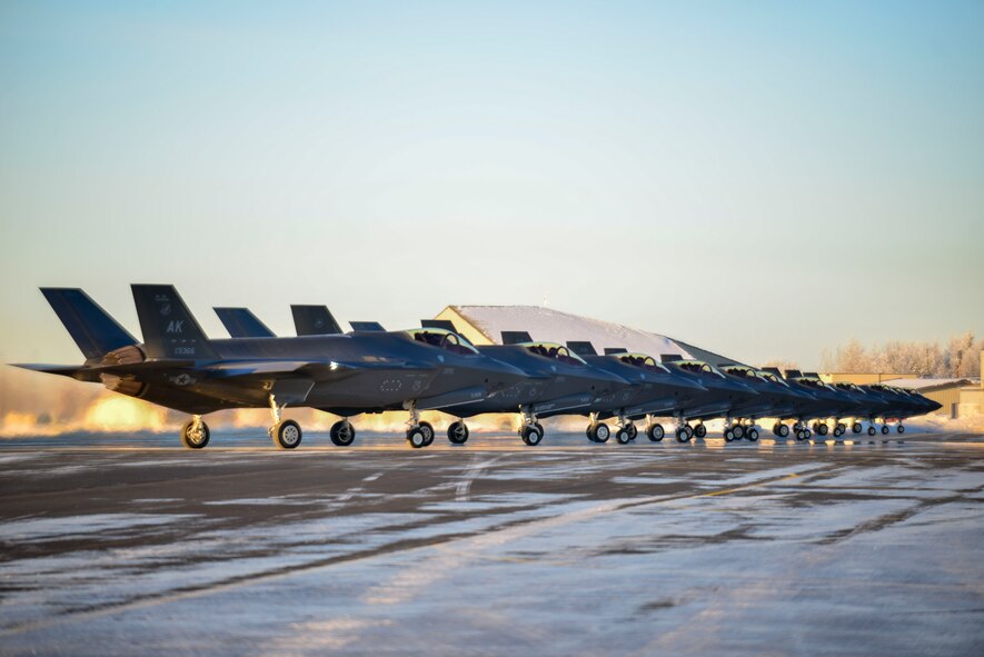 Twelve F-35A Lightning IIs assigned to the 356th Fighter Squadron assemble on the flightline during Arctic Gold 21-1 at Eielson Air Force Base, Alaska, Nov. 17, 2020.