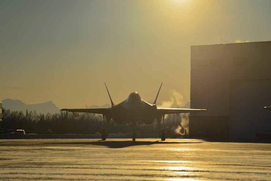 An F-35A Lightning II, assigned to the 356th Fighter Squadron, prepares to taxi during Arctic Gold 21-1 on Eielson Air Force Base, Alaska, Nov. 17, 2020.